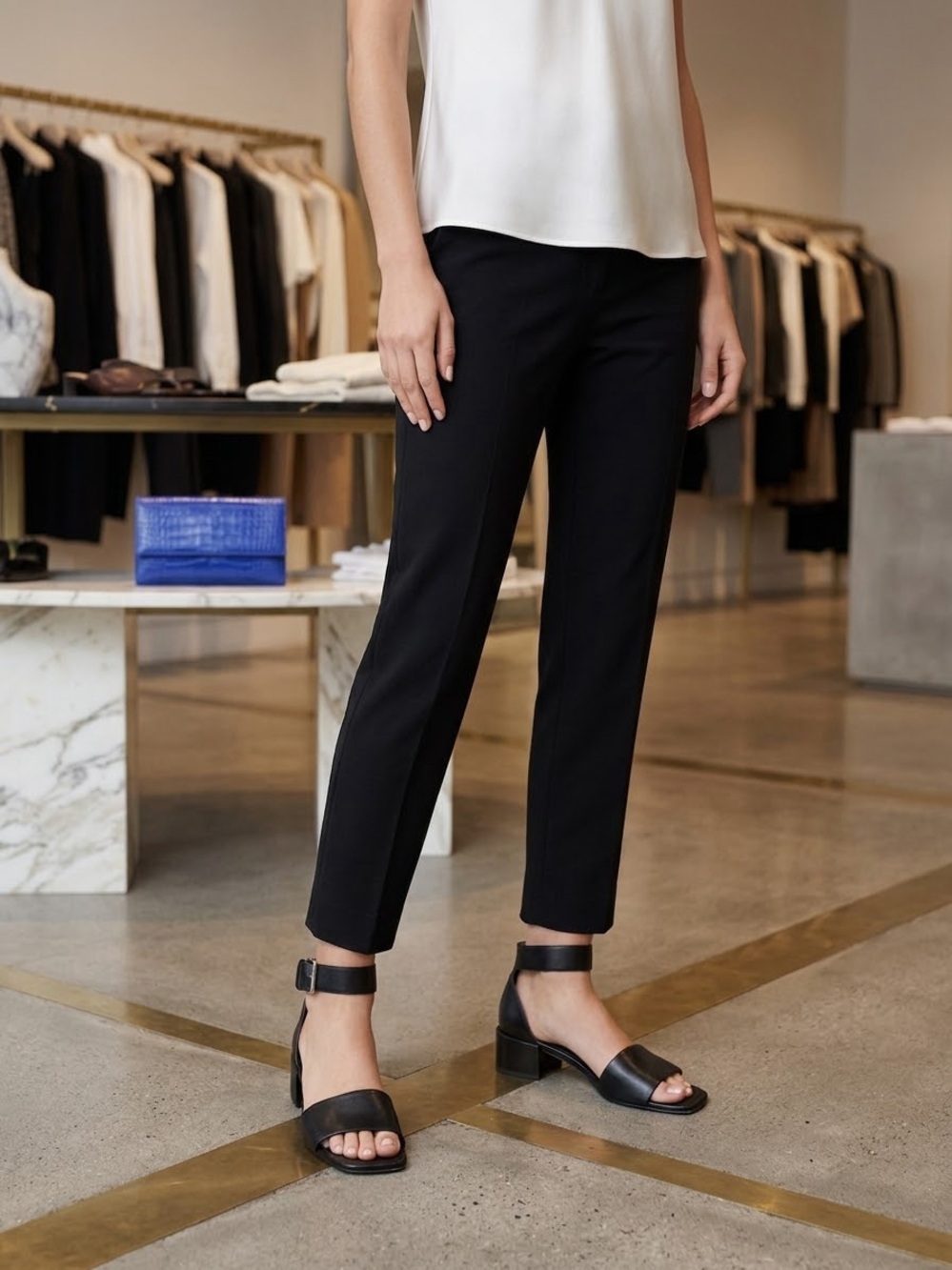 Stuart Weitzman Black Leather Ankle-Strap Block Heel Sandals